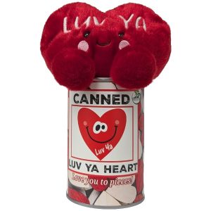 A red plush heart-shaped toy with white 'LUV YA' lettering and a smiling face sits on top of a can labeled 'CANNED LUV YA HEART' on a plain white background.