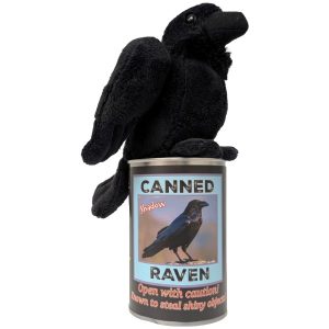 A black plush raven toy perched on top of a labeled can against a plain white background.