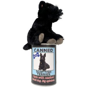 a black dog plush toy sitting on top of a can labelled: Canned Scottish Terrier on a white background