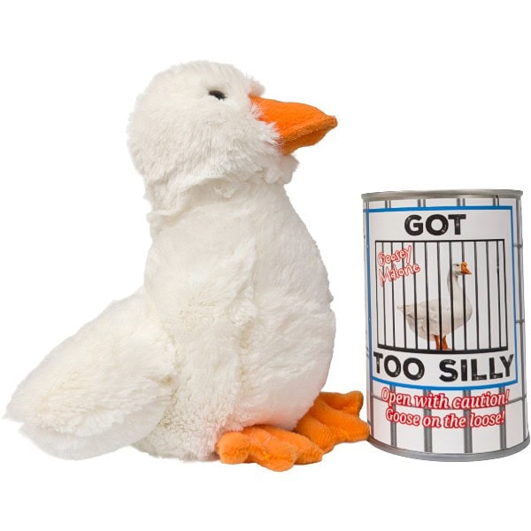 A white plush goose toy with an orange beak and feet sits next to a metal can labeled 'GOT TOO SILLY' on a plain white background.