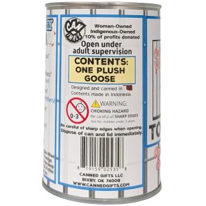 A cylindrical metal can labeled canned goose with a white label featuring blue borders and text. The label includes a yellow box reading 'CONTENTS: ONE PLUSH GOOSE' and warning symbols, with the brand 'Canned Gifts' visible at the bottom.