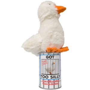 A white plush goose toy with an orange beak and orange feet perched on top of a small can labeled 'GOT TOO SILLY'.
