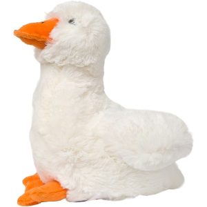 A white plush stuffed goose toy with a bright orange beak and feet, photographed on a plain white background.