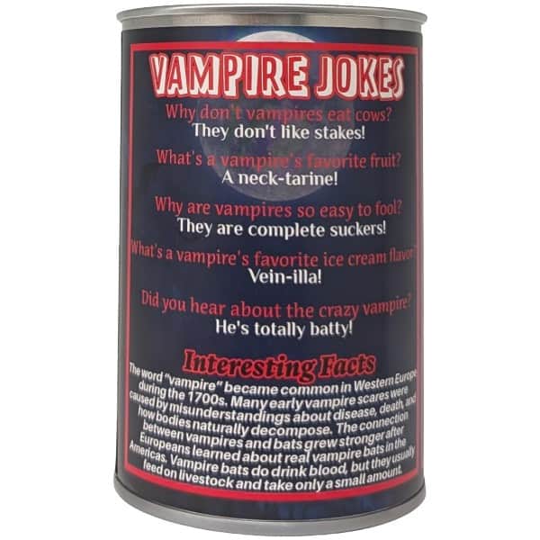 A novelty can featuring a black label with red and white text that reads 'VAMPIRE JOKES' and humorous vampire facts.