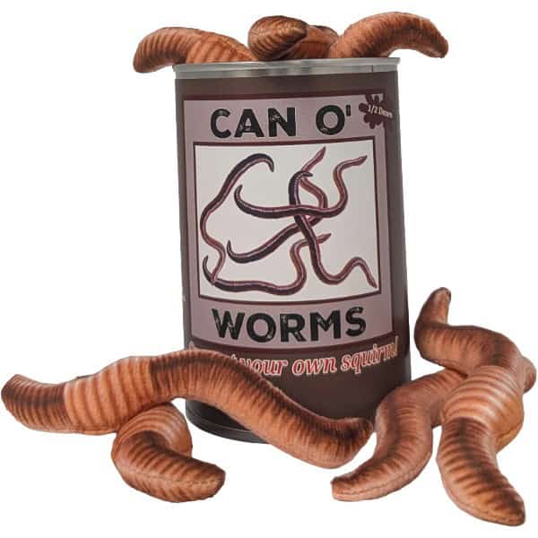 A novelty can labeled 'CAN O' WORMS' with several realistic brown worm plush toys arranged around and on top of the can against a plain white background.