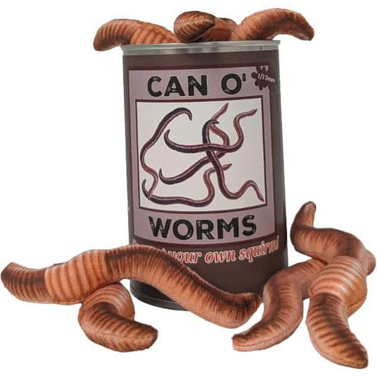 A novelty can labeled 'CAN O' WORMS' with several realistic brown worm plush toys arranged around and on top of the can against a plain white background.