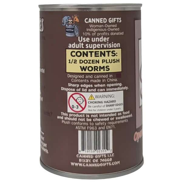 Canned of plush toy worms with warning label and branding on a white background
