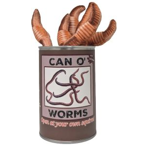 A novelty can labeled 'CAN O' WORMS' with several realistic brown worm plush toys arranged coming out of the top of the can against a plain white background.