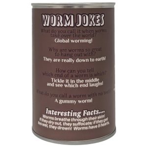 A cylindrical can labelled  'Worm Jokes' with a brown label with white and black text, shown against a plain white background.