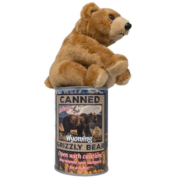 A plush brown teddy bear sits on top of a novelty can labeled 'Canned Wyoming Grizzly Bear' against a plain white background.