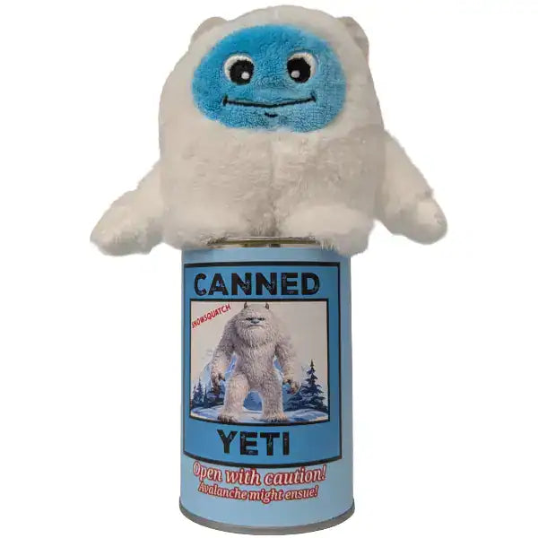Plush toy resembling a Yeti on top of a can labeled 'Canned Yeti' with a humorous warning. on a white background